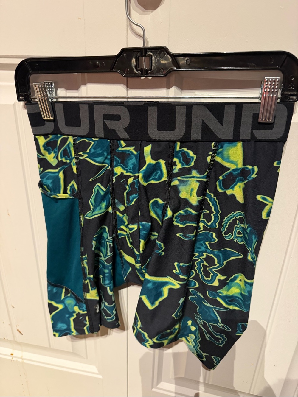 Under Armour Black Compression Shorts with Teal & Lime Camo